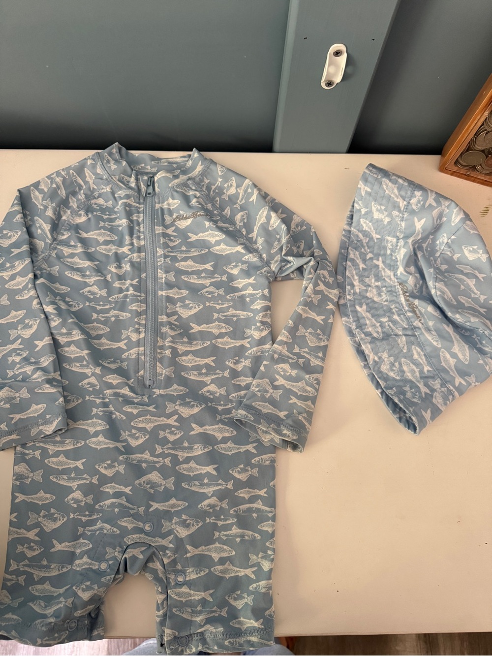 Baby Long Sleeve Rash Guard Swimsuit with Hat - Light Blue Fish Print